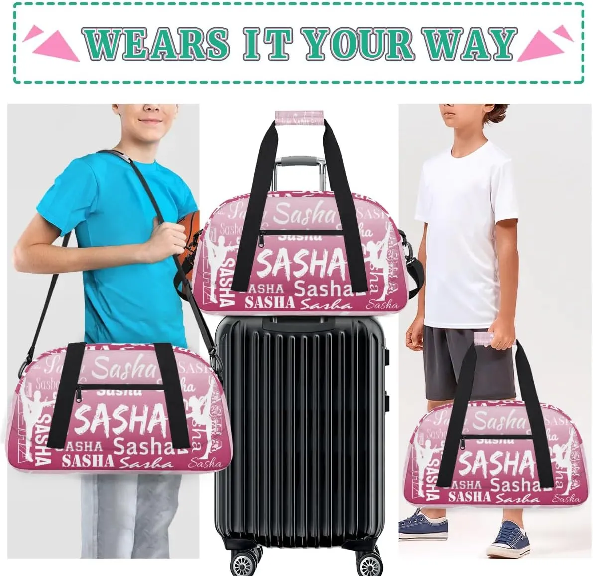 Personalized Gymnastics Bags Name, Custom Dance Duffel Bag Cheer Bags, Custom Sport Duffel Gym Bag Travel Weekender Bags Dark Pink Gradient