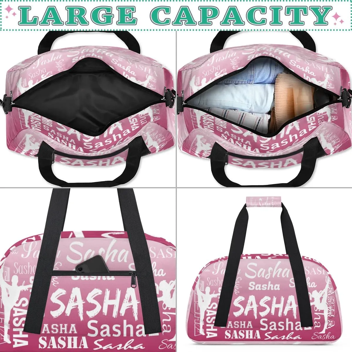 Personalized Gymnastics Bags Name, Custom Dance Duffel Bag Cheer Bags, Custom Sport Duffel Gym Bag Travel Weekender Bags Dark Pink Gradient
