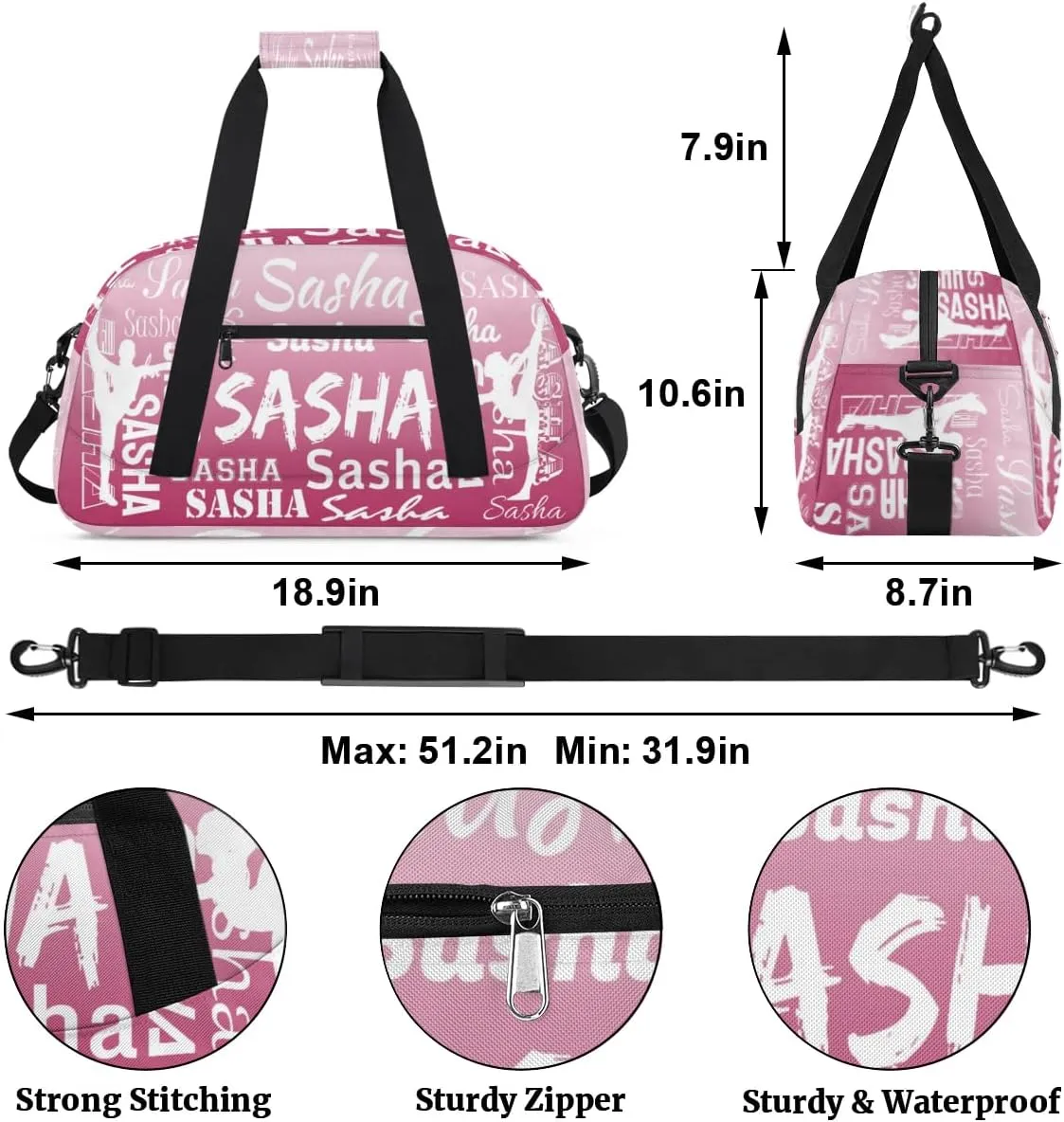 Personalized Gymnastics Bags Name, Custom Dance Duffel Bag Cheer Bags, Custom Sport Duffel Gym Bag Travel Weekender Bags Dark Pink Gradient