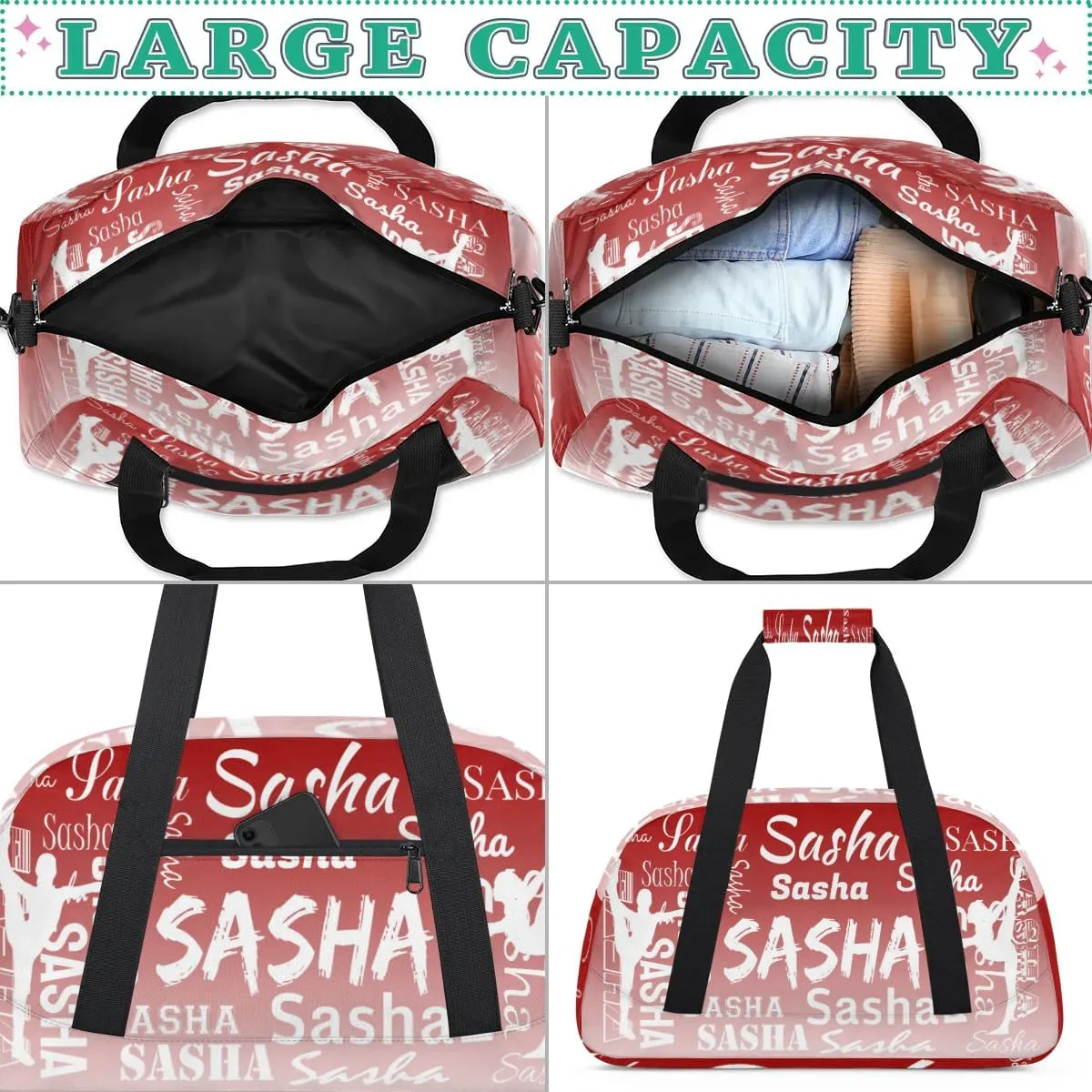 Personalized Gymnastics Bags Name, Custom Dance Duffel Bag Cheer Bags, Custom Sport Duffel Gym Bag Travel Weekender Bags Deep Red Gradient