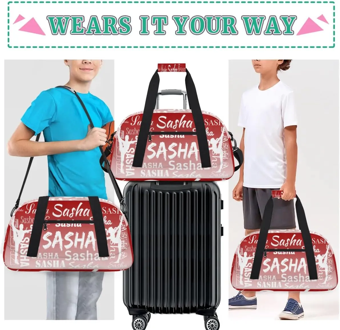 Personalized Gymnastics Bags Name, Custom Dance Duffel Bag Cheer Bags, Custom Sport Duffel Gym Bag Travel Weekender Bags Deep Red Gradient