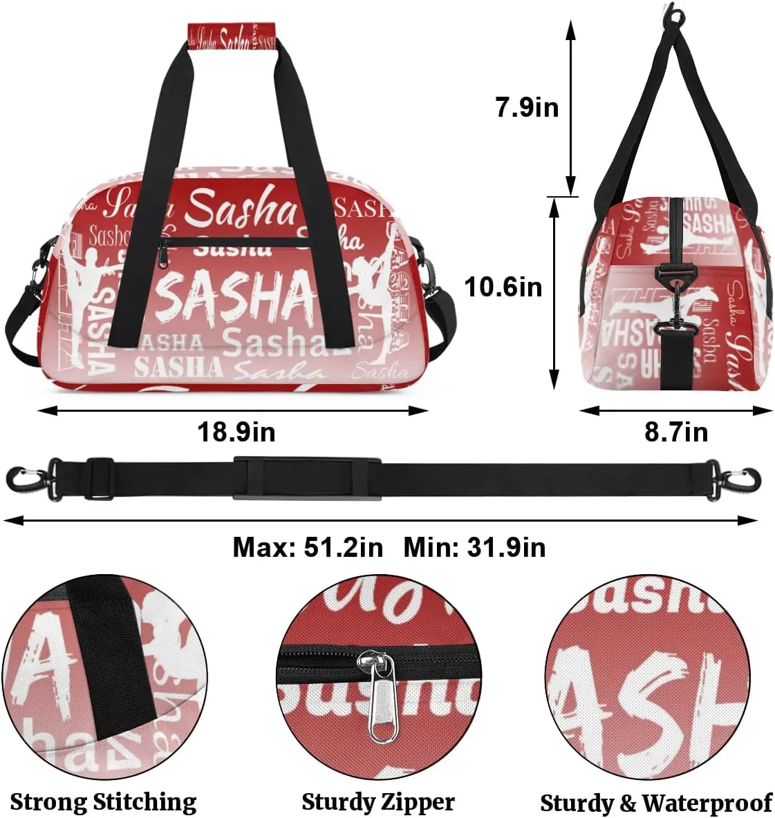 Personalized Gymnastics Bags Name, Custom Dance Duffel Bag Cheer Bags, Custom Sport Duffel Gym Bag Travel Weekender Bags Deep Red Gradient