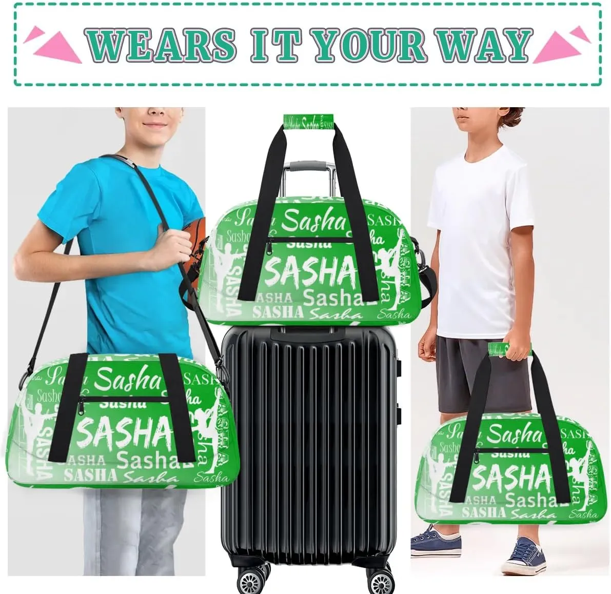 Personalized Gymnastics Bags Name, Custom Dance Duffel Bag Cheer Bags, Custom Sport Duffel Gym Bag Travel Weekender Bags Grass Green Gradient