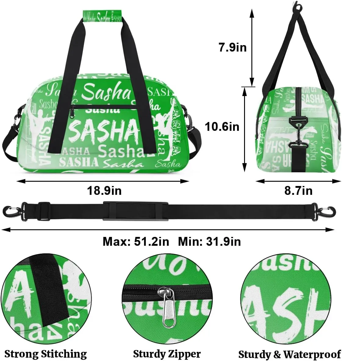 Personalized Gymnastics Bags Name, Custom Dance Duffel Bag Cheer Bags, Custom Sport Duffel Gym Bag Travel Weekender Bags Grass Green Gradient