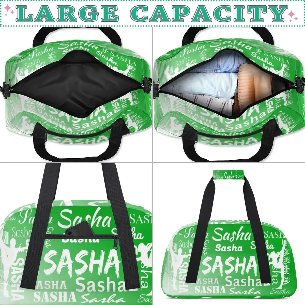 Personalized Gymnastics Bags Name, Custom Dance Duffel Bag Cheer Bags, Custom Sport Duffel Gym Bag Travel Weekender Bags Grass Green Gradient