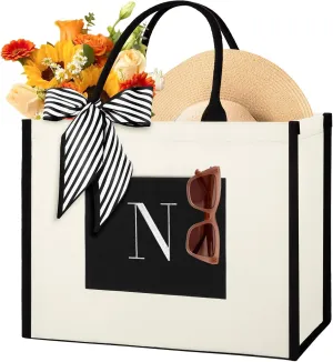Personalized Initial Canvas Tote Bag, Monogrammed Beach Tote Bag for Women, Birthday Gifts for Women, Bride, Holiday