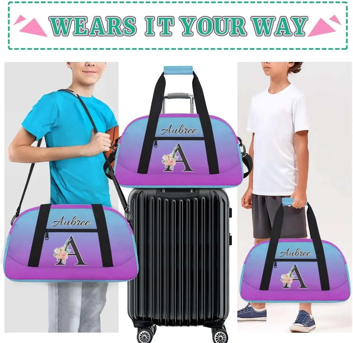 Personalized Initial Duffel Bags, Cusotm Sports Gym Bag Monogrammed Custom Travel Overnight Weekender Bag for Women Men with Name, Blue Purple Gradient Custom Gifts