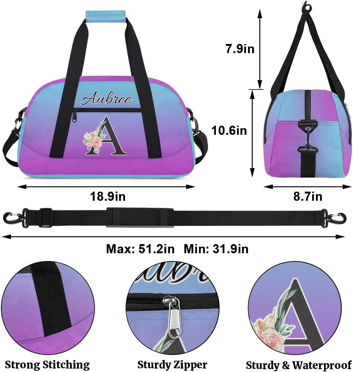 Personalized Initial Duffel Bags, Cusotm Sports Gym Bag Monogrammed Custom Travel Overnight Weekender Bag for Women Men with Name, Blue Purple Gradient Custom Gifts