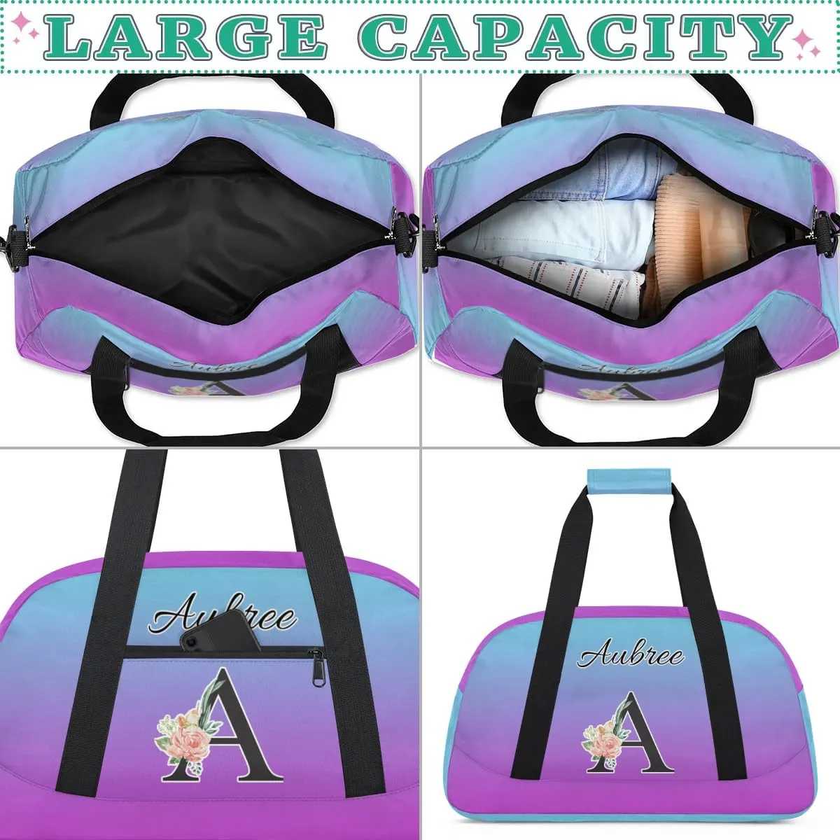 Personalized Initial Duffel Bags, Cusotm Sports Gym Bag Monogrammed Custom Travel Overnight Weekender Bag for Women Men with Name, Blue Purple Gradient Custom Gifts