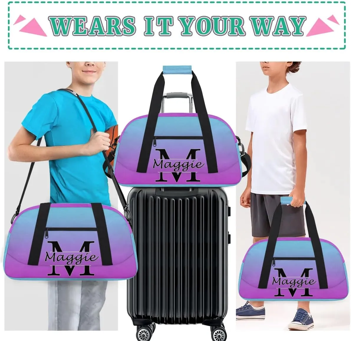 Personalized Initial Duffel Bags, Cusotm Sports Gym Bag Monogrammed Custom Travel Overnight Weekender Bag for Women Men with Name, Blue Purple Gradient