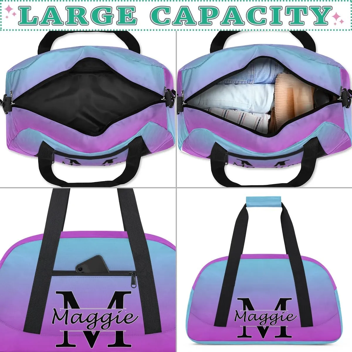 Personalized Initial Duffel Bags, Cusotm Sports Gym Bag Monogrammed Custom Travel Overnight Weekender Bag for Women Men with Name, Blue Purple Gradient