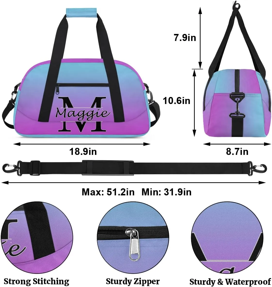 Personalized Initial Duffel Bags, Cusotm Sports Gym Bag Monogrammed Custom Travel Overnight Weekender Bag for Women Men with Name, Blue Purple Gradient