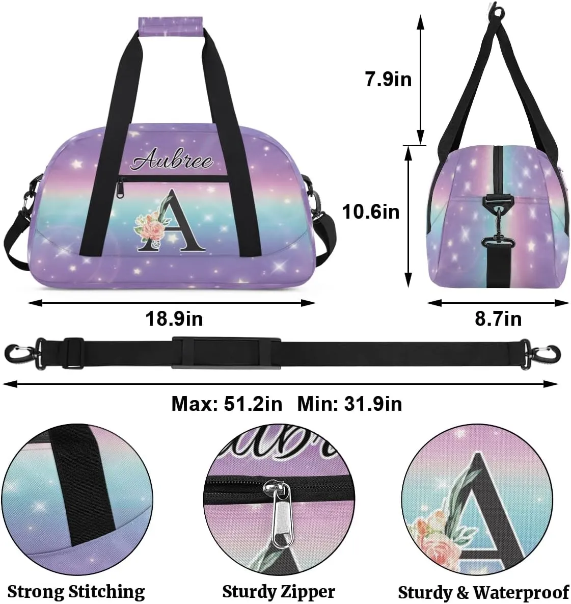 Personalized Initial Duffel Bags, Cusotm Sports Gym Bag Monogrammed Custom Travel Overnight Weekender Bag for Women Men with Name, Cut Glitter Print Custom Gifts