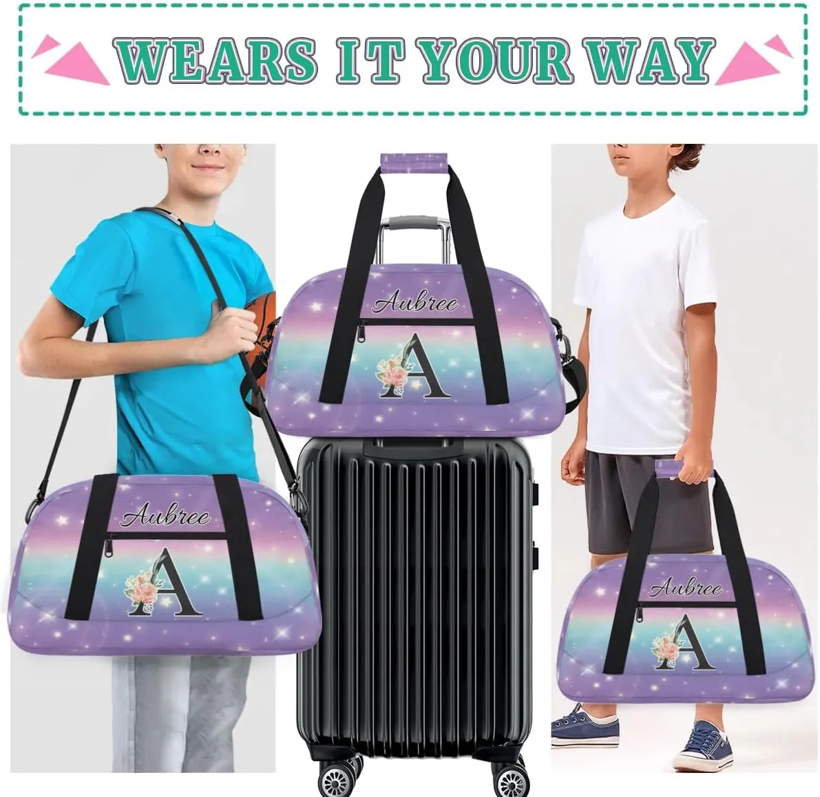 Personalized Initial Duffel Bags, Cusotm Sports Gym Bag Monogrammed Custom Travel Overnight Weekender Bag for Women Men with Name, Cut Glitter Print Custom Gifts