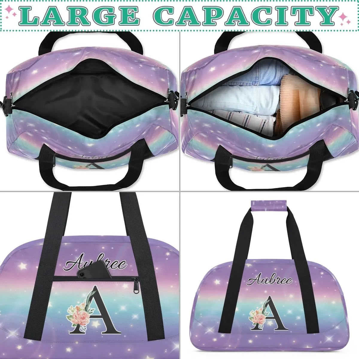 Personalized Initial Duffel Bags, Cusotm Sports Gym Bag Monogrammed Custom Travel Overnight Weekender Bag for Women Men with Name, Cut Glitter Print Custom Gifts