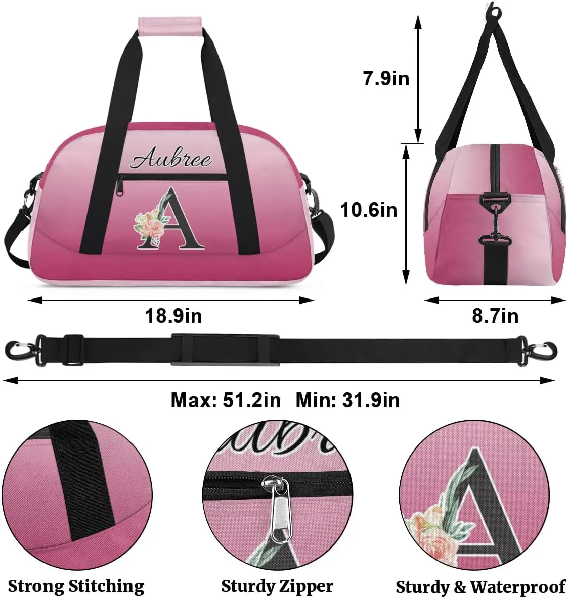 Personalized Initial Duffel Bags, Cusotm Sports Gym Bag Monogrammed Custom Travel Overnight Weekender Bag for Women Men with Name, Dark Pink Gradient Custom Gifts