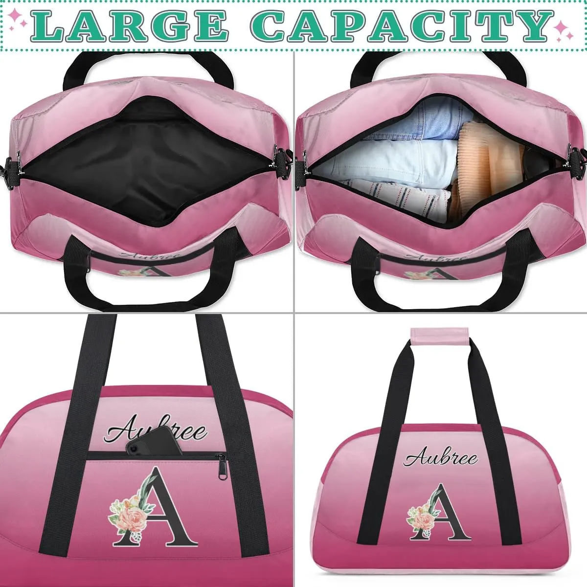 Personalized Initial Duffel Bags, Cusotm Sports Gym Bag Monogrammed Custom Travel Overnight Weekender Bag for Women Men with Name, Dark Pink Gradient Custom Gifts