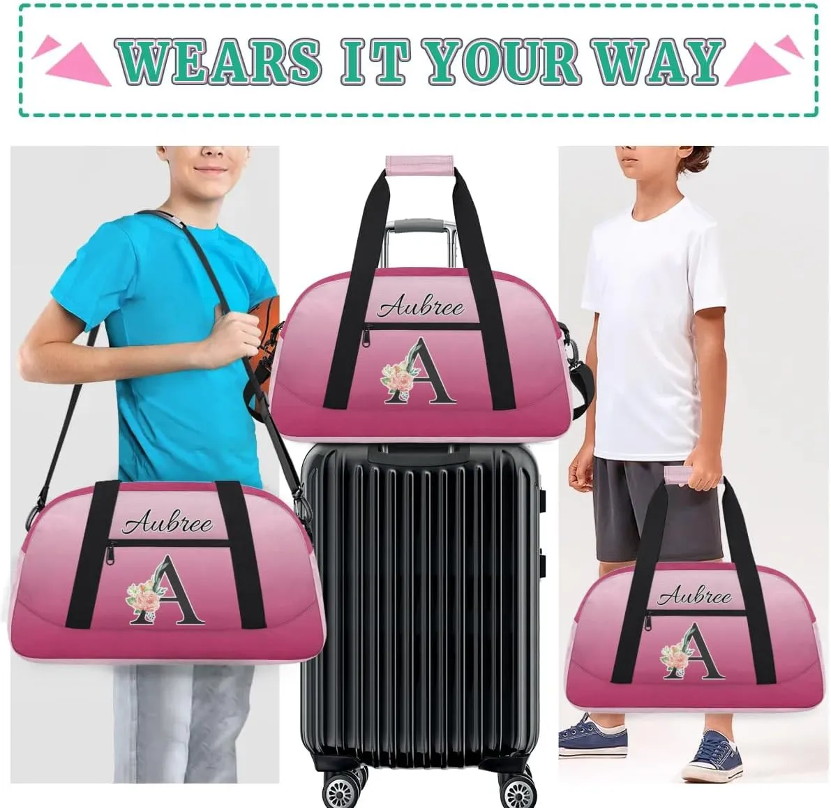 Personalized Initial Duffel Bags, Cusotm Sports Gym Bag Monogrammed Custom Travel Overnight Weekender Bag for Women Men with Name, Dark Pink Gradient Custom Gifts