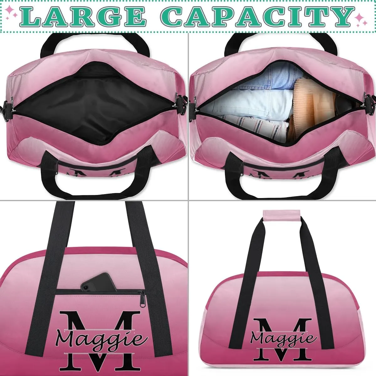 Personalized Initial Duffel Bags, Cusotm Sports Gym Bag Monogrammed Custom Travel Overnight Weekender Bag for Women Men with Name, Dark Pink Gradient