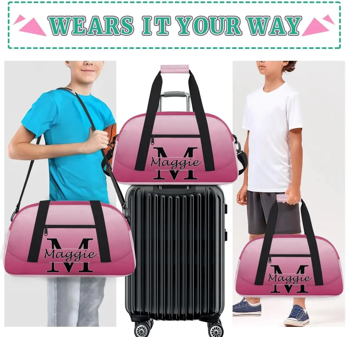 Personalized Initial Duffel Bags, Cusotm Sports Gym Bag Monogrammed Custom Travel Overnight Weekender Bag for Women Men with Name, Dark Pink Gradient