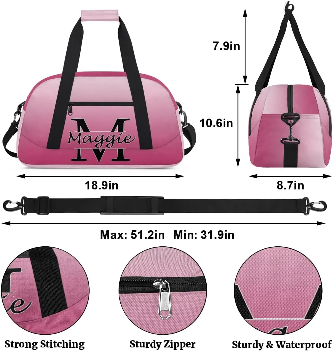 Personalized Initial Duffel Bags, Cusotm Sports Gym Bag Monogrammed Custom Travel Overnight Weekender Bag for Women Men with Name, Dark Pink Gradient