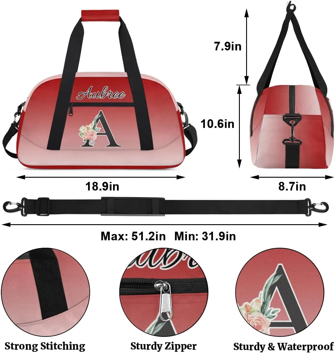 Personalized Initial Duffel Bags, Cusotm Sports Gym Bag Monogrammed Custom Travel Overnight Weekender Bag for Women Men with Name, Deep Red Gradient Custom Gifts