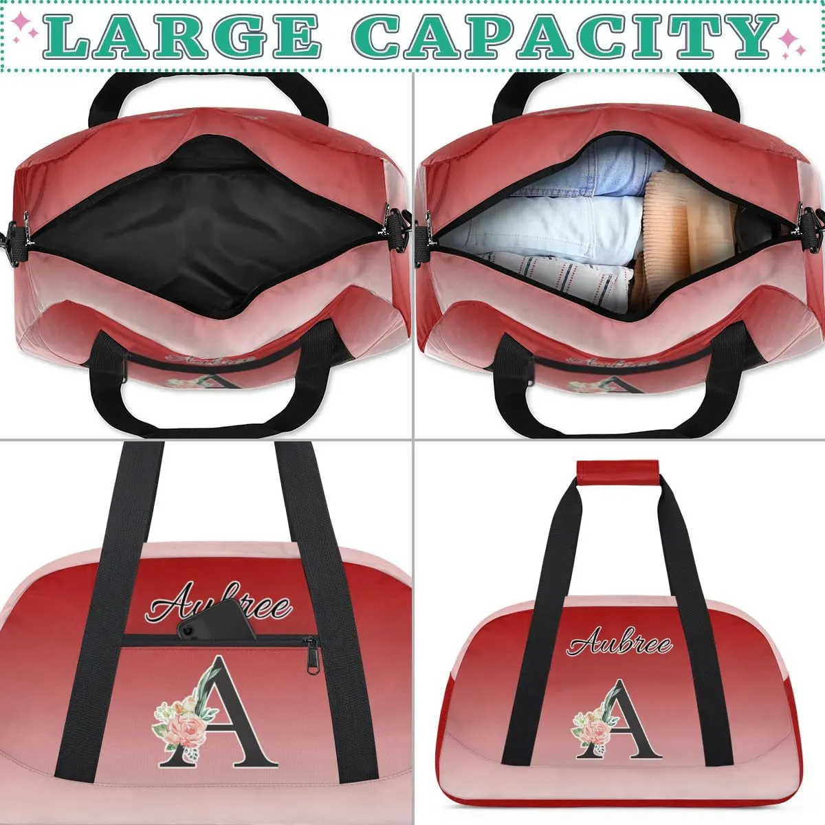 Personalized Initial Duffel Bags, Cusotm Sports Gym Bag Monogrammed Custom Travel Overnight Weekender Bag for Women Men with Name, Deep Red Gradient Custom Gifts