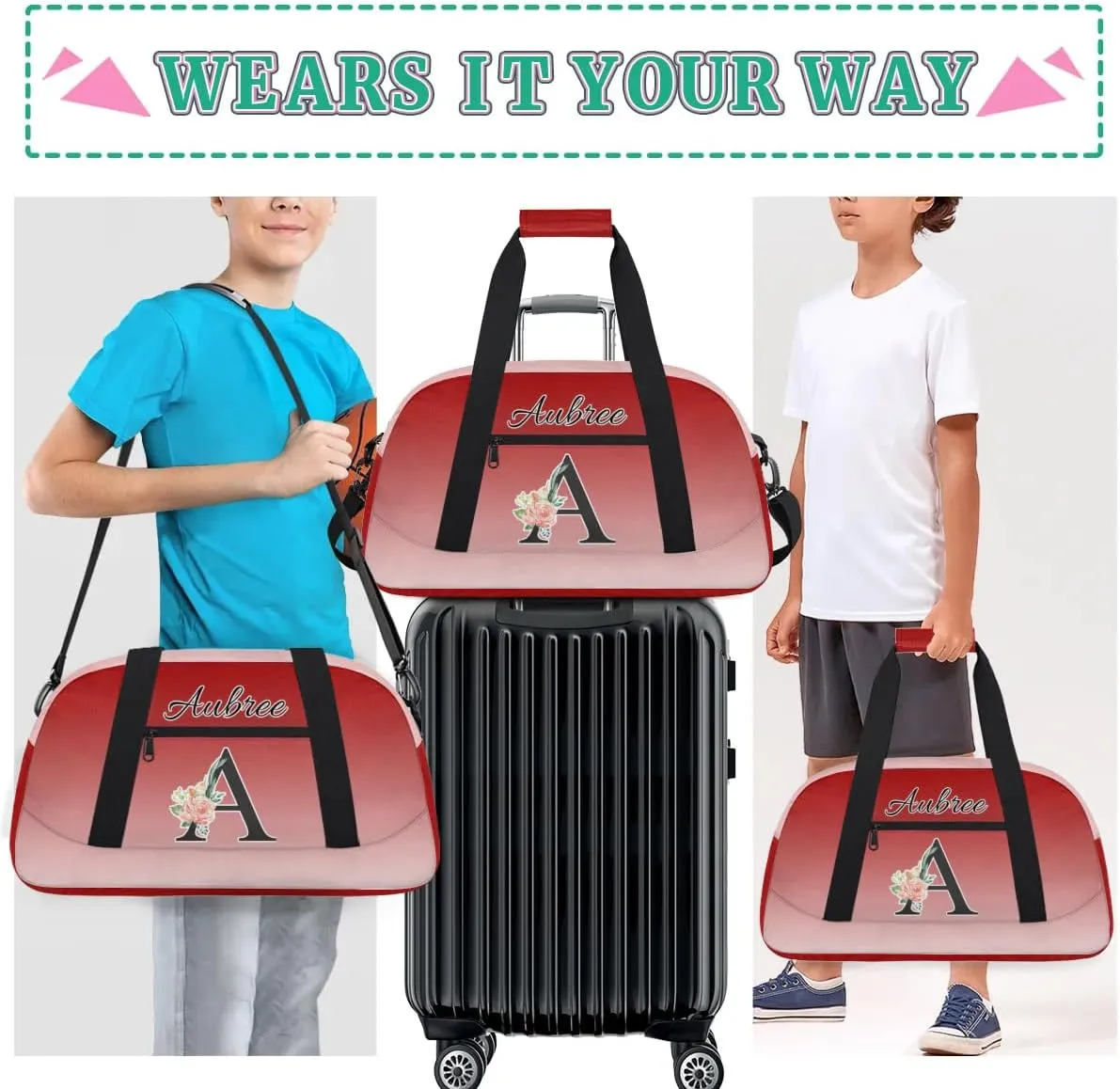 Personalized Initial Duffel Bags, Cusotm Sports Gym Bag Monogrammed Custom Travel Overnight Weekender Bag for Women Men with Name, Deep Red Gradient Custom Gifts