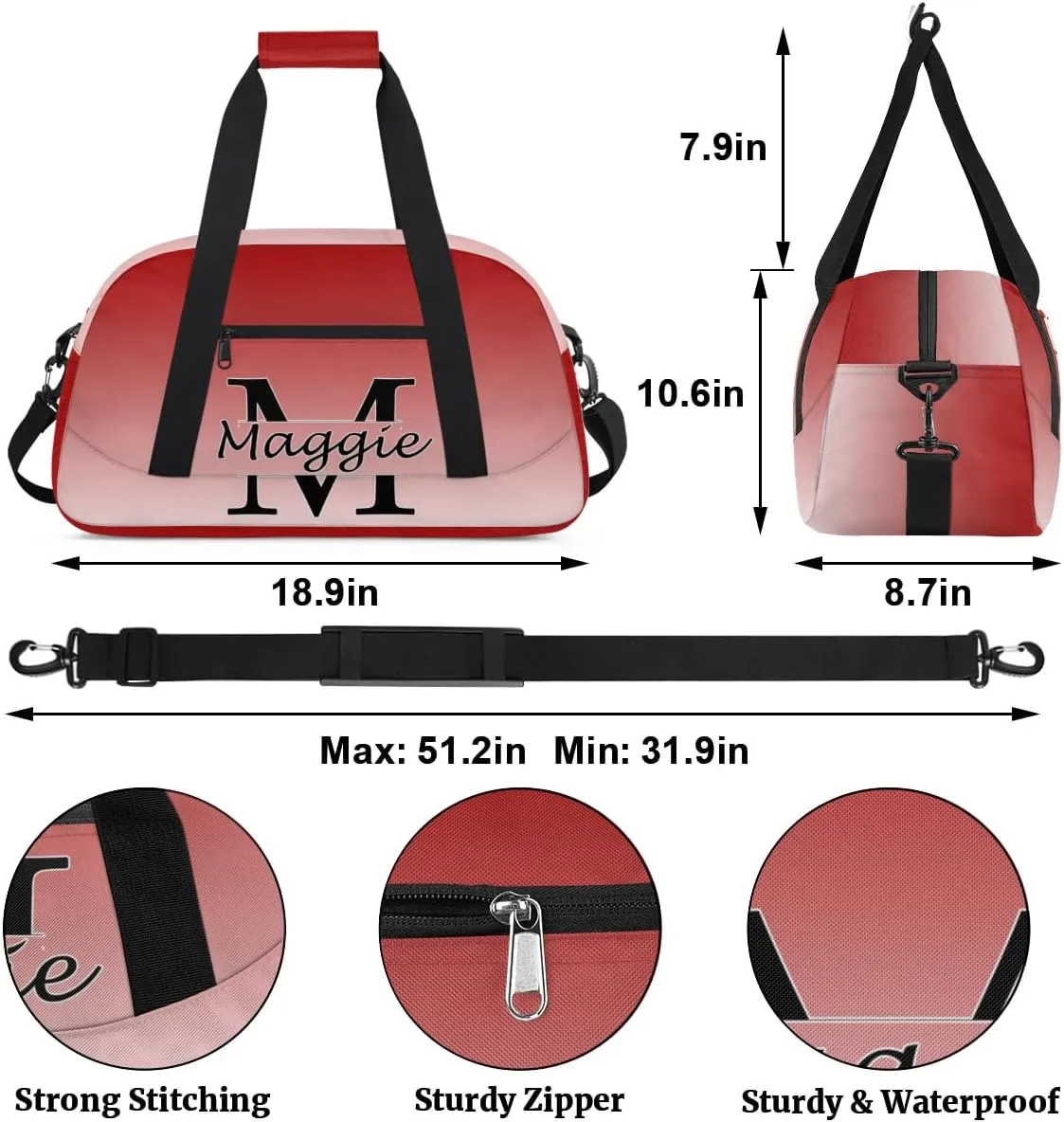 Personalized Initial Duffel Bags, Cusotm Sports Gym Bag Monogrammed Custom Travel Overnight Weekender Bag for Women Men with Name, Deep Red Gradient