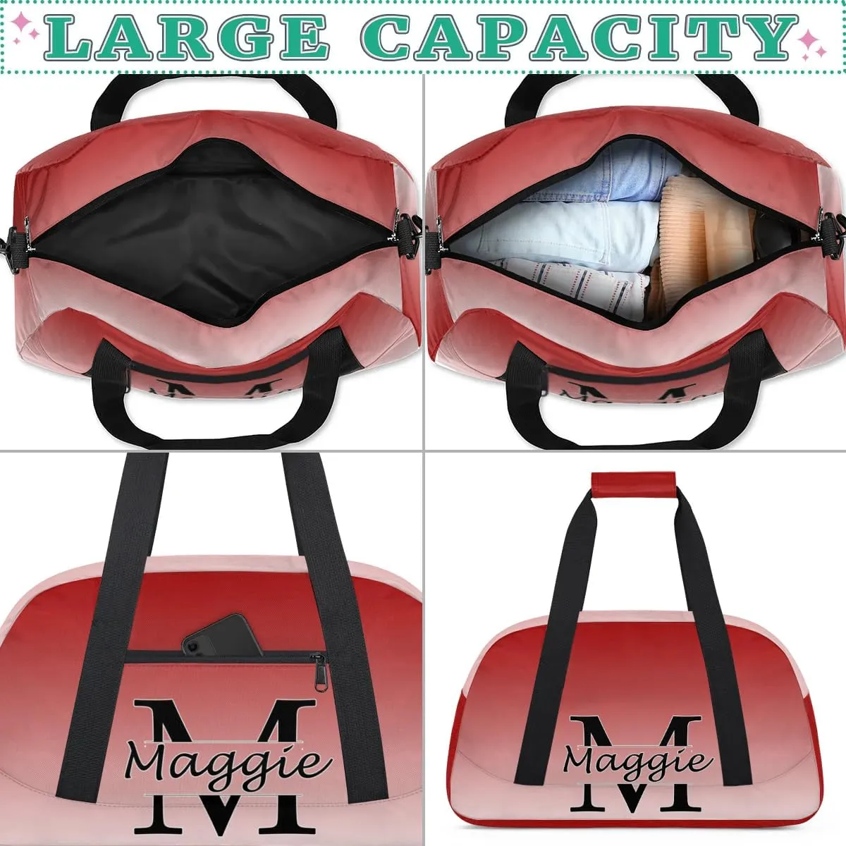 Personalized Initial Duffel Bags, Cusotm Sports Gym Bag Monogrammed Custom Travel Overnight Weekender Bag for Women Men with Name, Deep Red Gradient