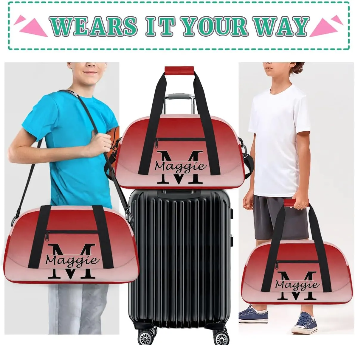 Personalized Initial Duffel Bags, Cusotm Sports Gym Bag Monogrammed Custom Travel Overnight Weekender Bag for Women Men with Name, Deep Red Gradient