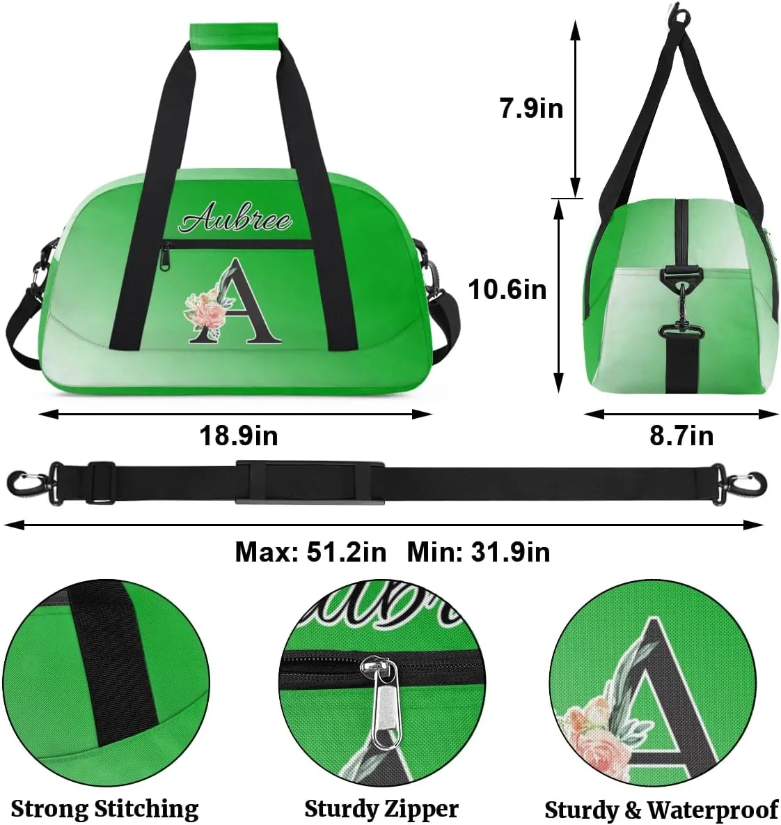 Personalized Initial Duffel Bags, Cusotm Sports Gym Bag Monogrammed Custom Travel Overnight Weekender Bag for Women Men with Name, Grass Green Gradient Custom Gifts