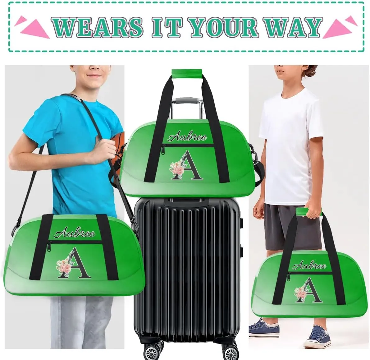 Personalized Initial Duffel Bags, Cusotm Sports Gym Bag Monogrammed Custom Travel Overnight Weekender Bag for Women Men with Name, Grass Green Gradient Custom Gifts