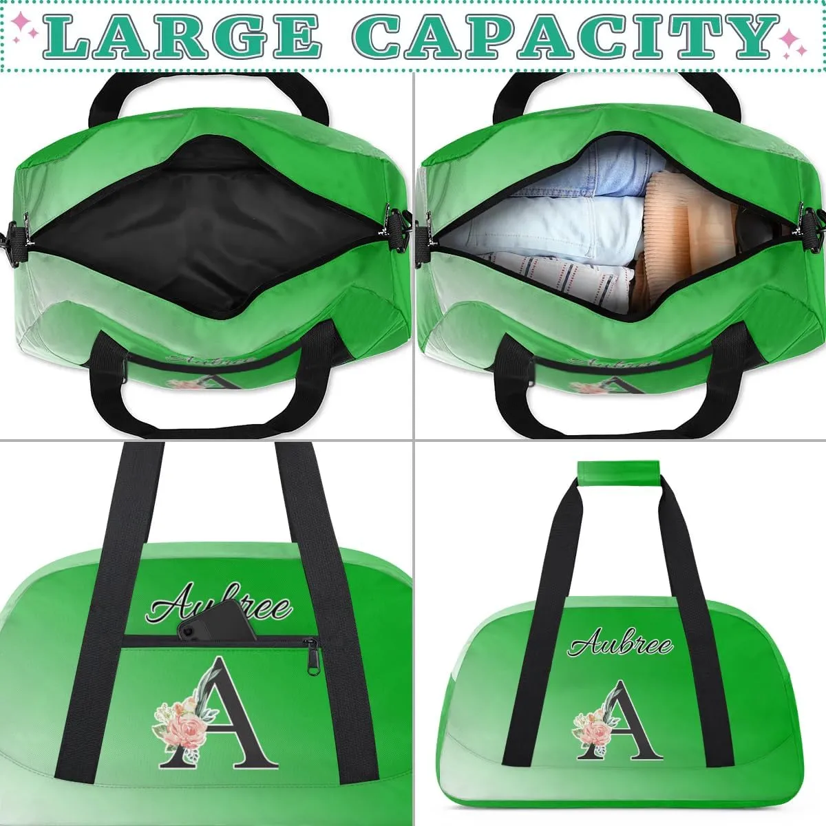 Personalized Initial Duffel Bags, Cusotm Sports Gym Bag Monogrammed Custom Travel Overnight Weekender Bag for Women Men with Name, Grass Green Gradient Custom Gifts