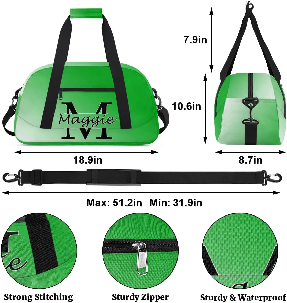 Personalized Initial Duffel Bags, Cusotm Sports Gym Bag Monogrammed Custom Travel Overnight Weekender Bag for Women Men with Name, Grass Green Gradient