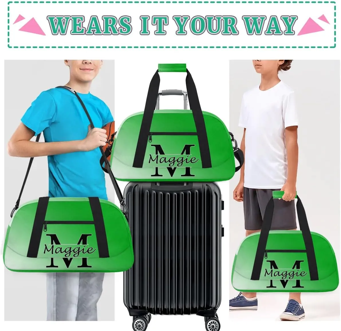 Personalized Initial Duffel Bags, Cusotm Sports Gym Bag Monogrammed Custom Travel Overnight Weekender Bag for Women Men with Name, Grass Green Gradient