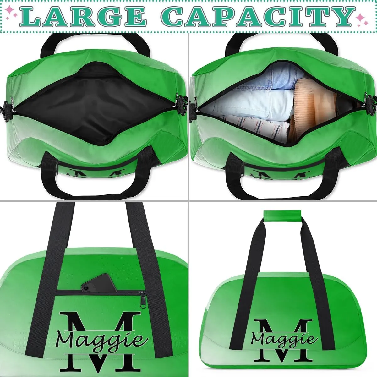 Personalized Initial Duffel Bags, Cusotm Sports Gym Bag Monogrammed Custom Travel Overnight Weekender Bag for Women Men with Name, Grass Green Gradient