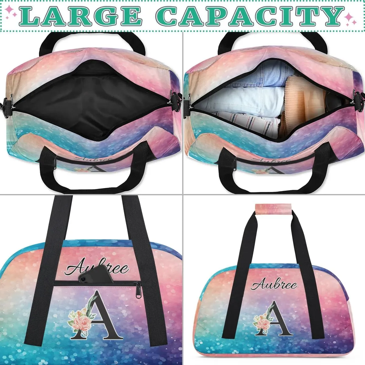 Personalized Initial Duffel Bags, Cusotm Sports Gym Bag Monogrammed Custom Travel Overnight Weekender Bag for Women Men with Name, Multicolored Glitter Custom Gifts