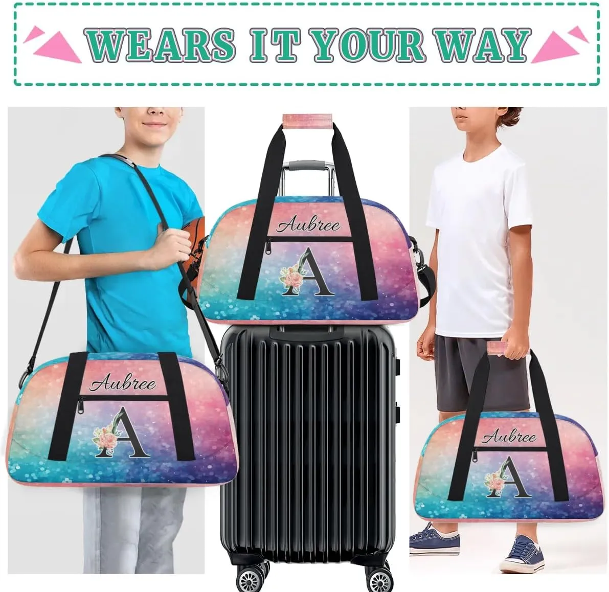 Personalized Initial Duffel Bags, Cusotm Sports Gym Bag Monogrammed Custom Travel Overnight Weekender Bag for Women Men with Name, Multicolored Glitter Custom Gifts