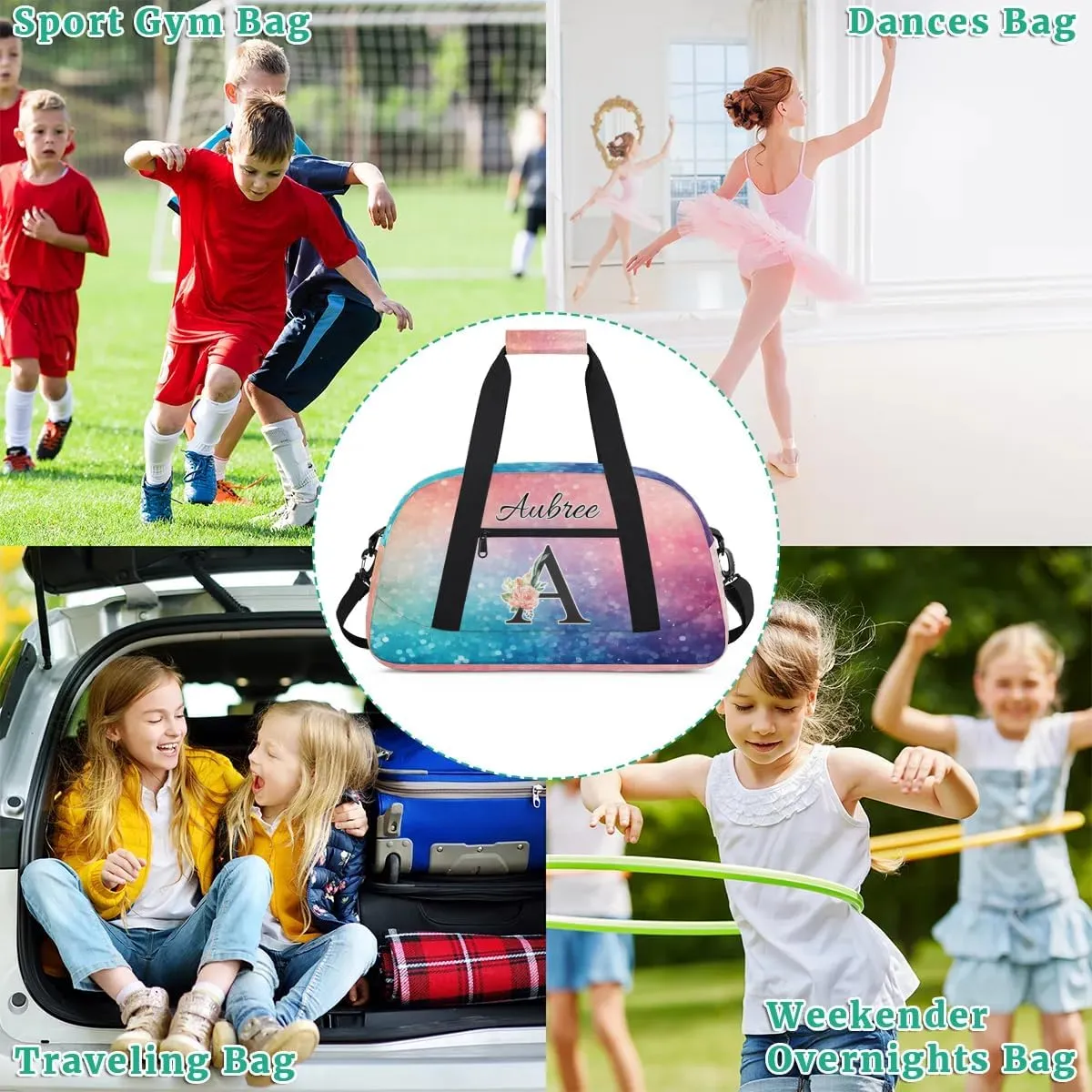 Personalized Initial Duffel Bags, Cusotm Sports Gym Bag Monogrammed Custom Travel Overnight Weekender Bag for Women Men with Name, Multicolored Glitter Custom Gifts
