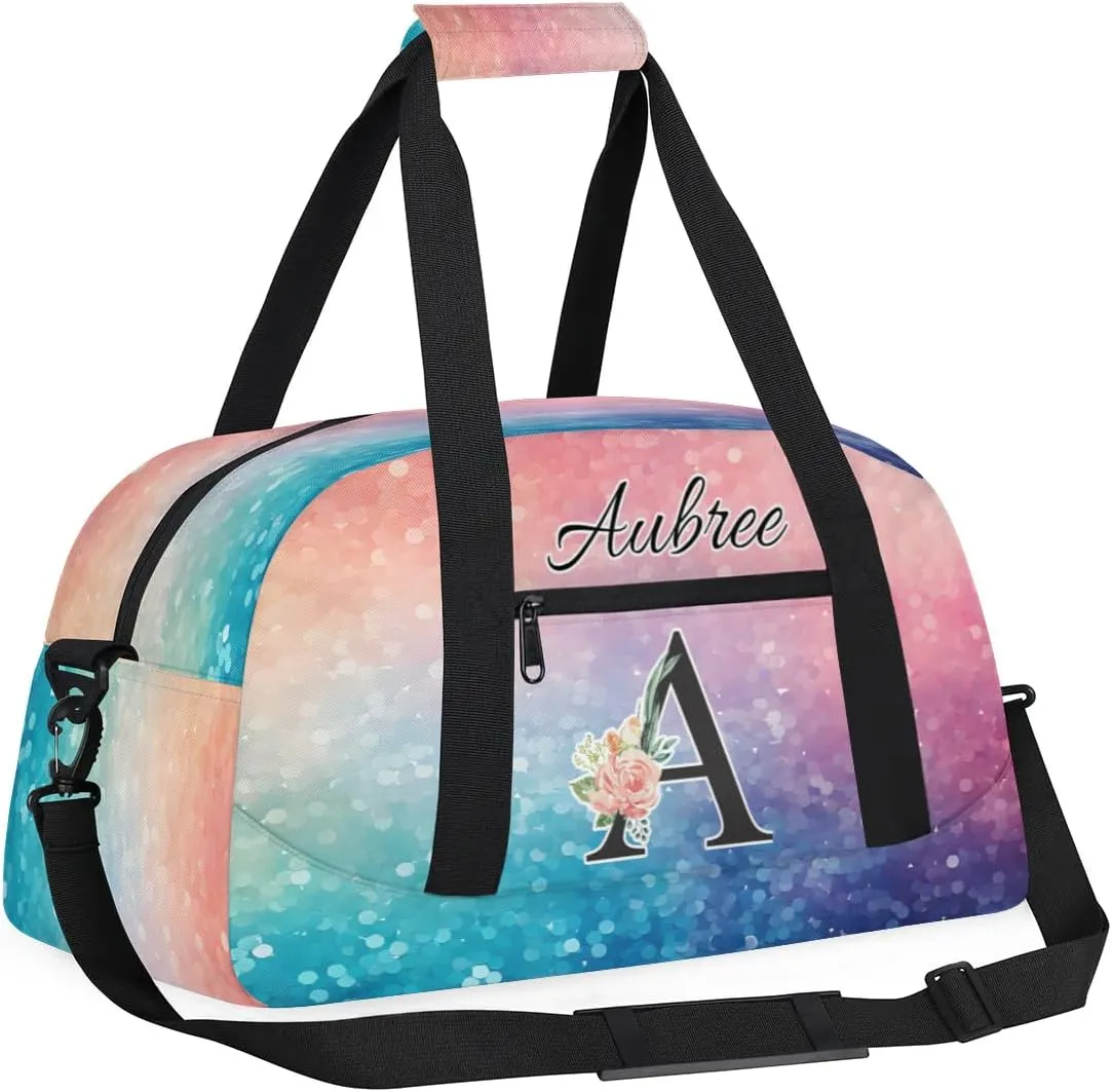 Personalized Initial Duffel Bags, Cusotm Sports Gym Bag Monogrammed Custom Travel Overnight Weekender Bag for Women Men with Name, Multicolored Glitter Custom Gifts