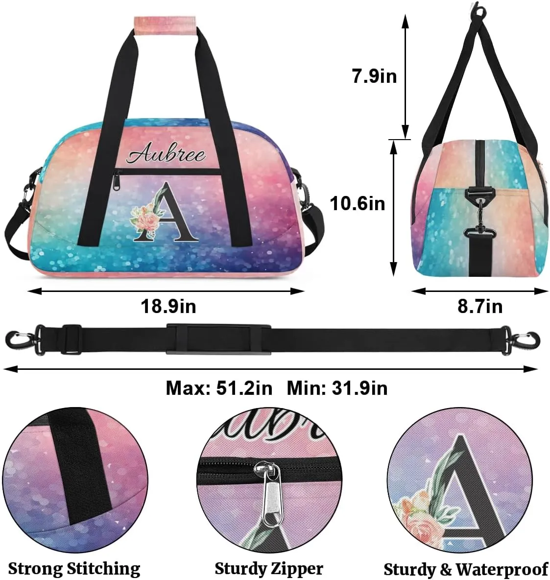 Personalized Initial Duffel Bags, Cusotm Sports Gym Bag Monogrammed Custom Travel Overnight Weekender Bag for Women Men with Name, Multicolored Glitter Custom Gifts