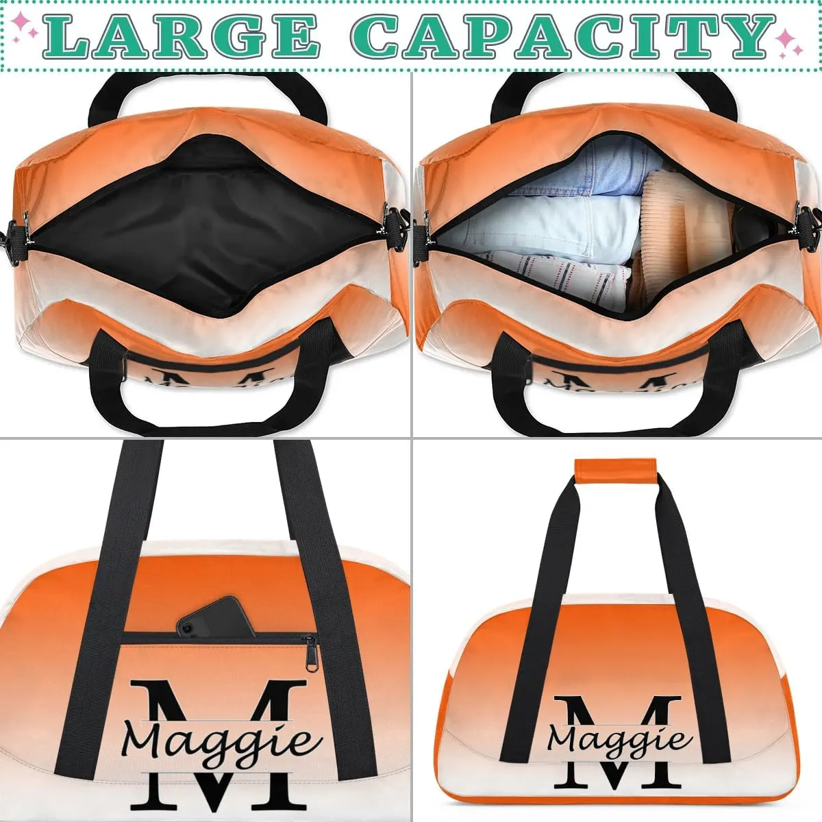 Personalized Initial Duffel Bags, Cusotm Sports Gym Bag Monogrammed Custom Travel Overnight Weekender Bag for Women Men with Name, Orange Gradient