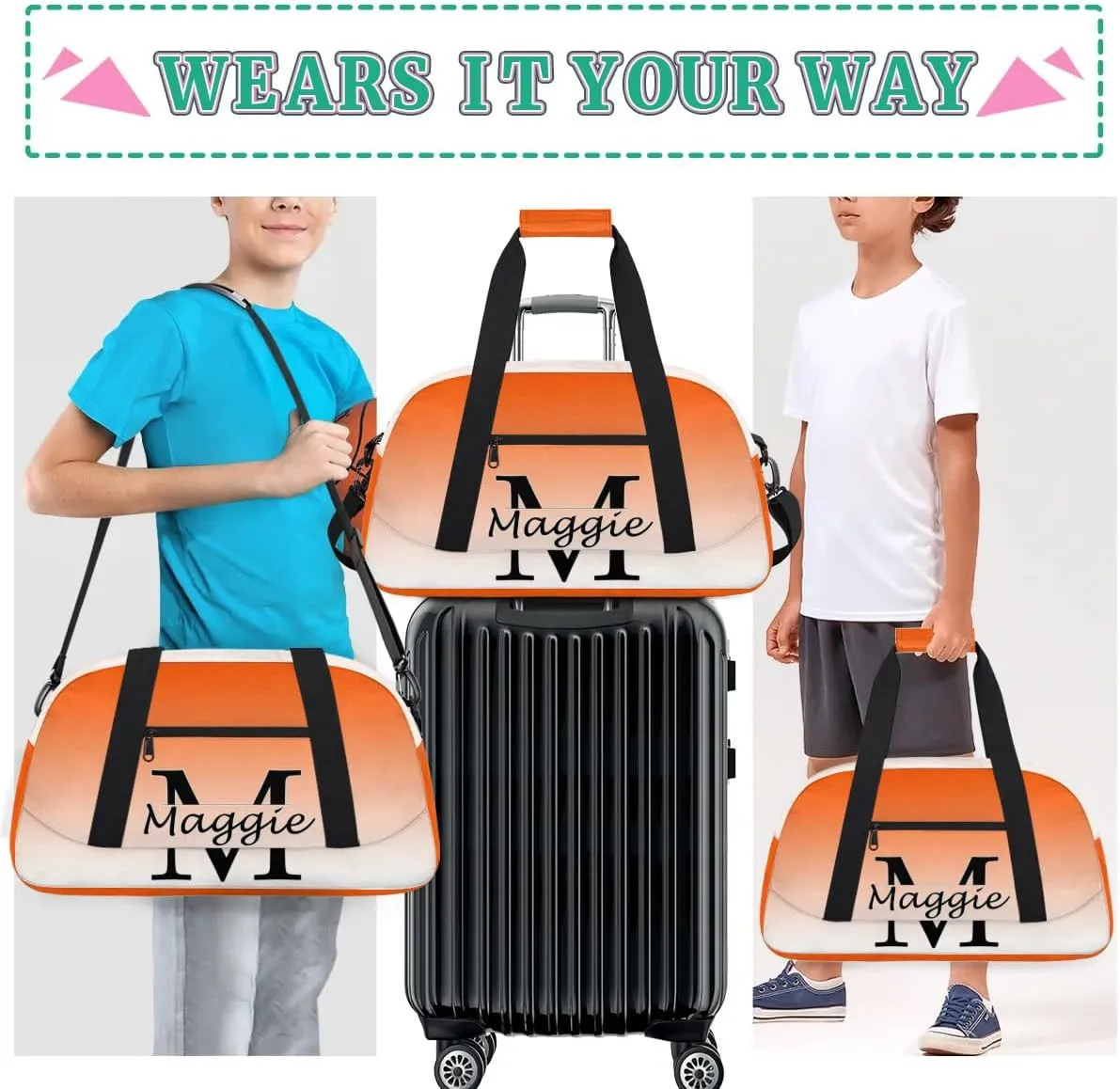 Personalized Initial Duffel Bags, Cusotm Sports Gym Bag Monogrammed Custom Travel Overnight Weekender Bag for Women Men with Name, Orange Gradient