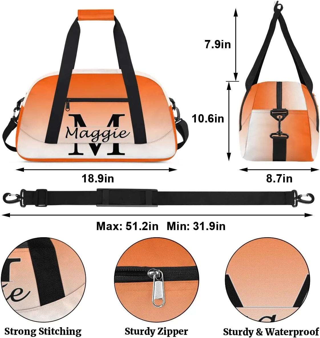 Personalized Initial Duffel Bags, Cusotm Sports Gym Bag Monogrammed Custom Travel Overnight Weekender Bag for Women Men with Name, Orange Gradient