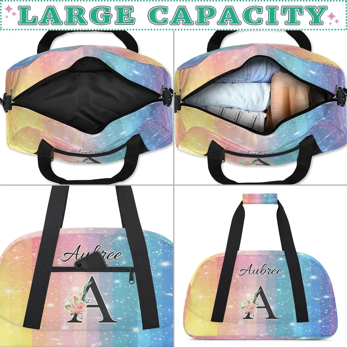 Personalized Initial Duffel Bags, Cusotm Sports Gym Bag Monogrammed Custom Travel Overnight Weekender Bag for Women Men with Name, Rainbow Custom Gifts