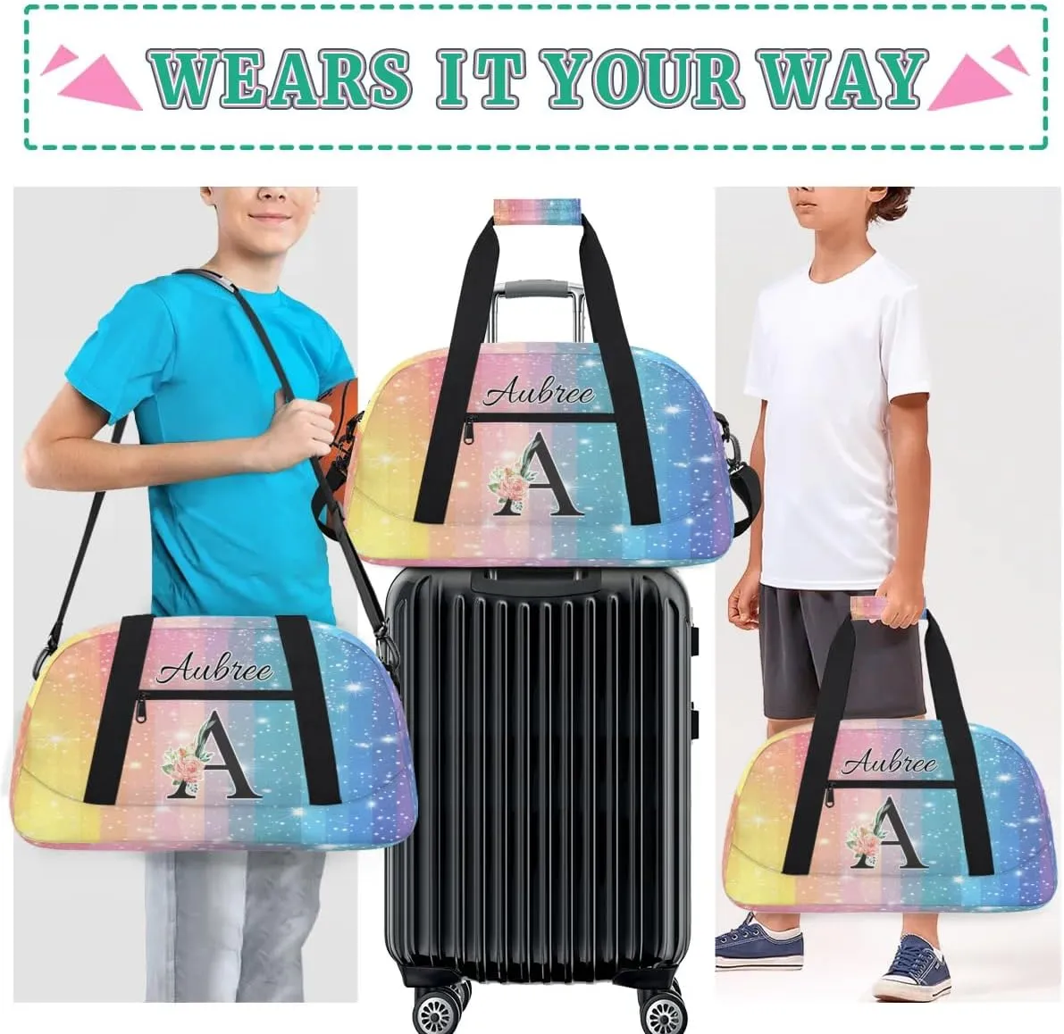 Personalized Initial Duffel Bags, Cusotm Sports Gym Bag Monogrammed Custom Travel Overnight Weekender Bag for Women Men with Name, Rainbow Custom Gifts