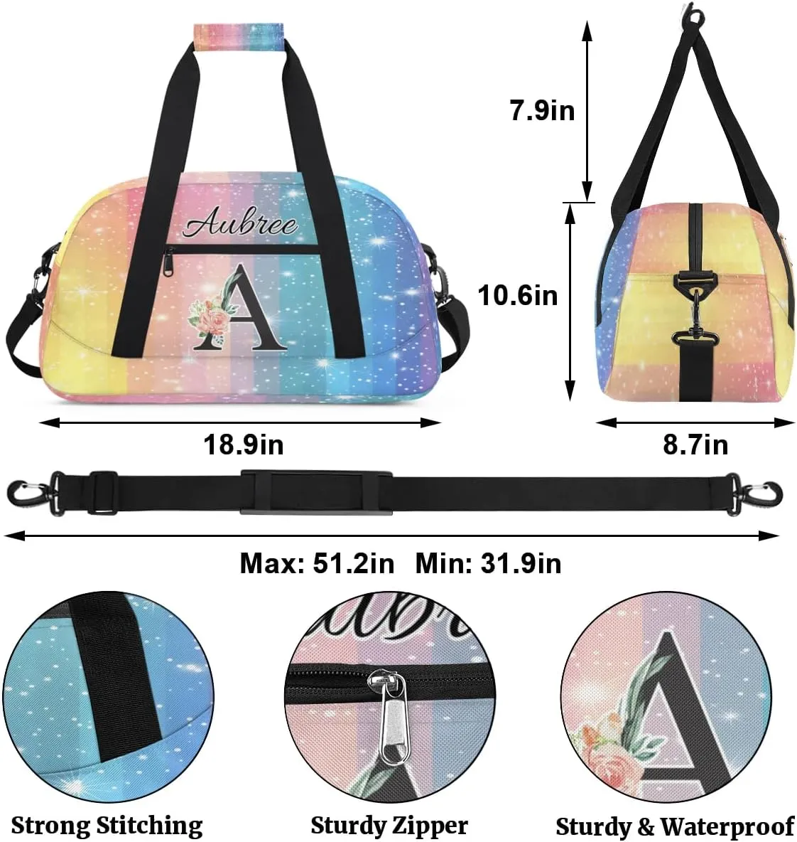 Personalized Initial Duffel Bags, Cusotm Sports Gym Bag Monogrammed Custom Travel Overnight Weekender Bag for Women Men with Name, Rainbow Custom Gifts