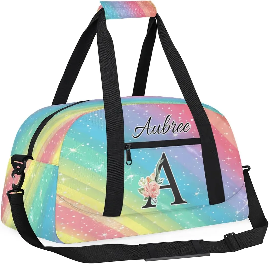 Personalized Initial Duffel Bags, Cusotm Sports Gym Bag Monogrammed Custom Travel Overnight Weekender Bag for Women Men with Name, Rainbow Glitter Custom Gifts
