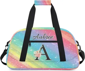 Personalized Initial Duffel Bags, Cusotm Sports Gym Bag Monogrammed Custom Travel Overnight Weekender Bag for Women Men with Name, Rainbow Glitter Custom Gifts